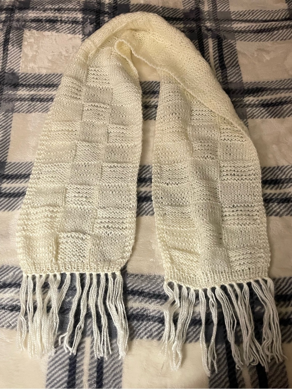 Handmade Soft Ivory Knit Fringe Scarf